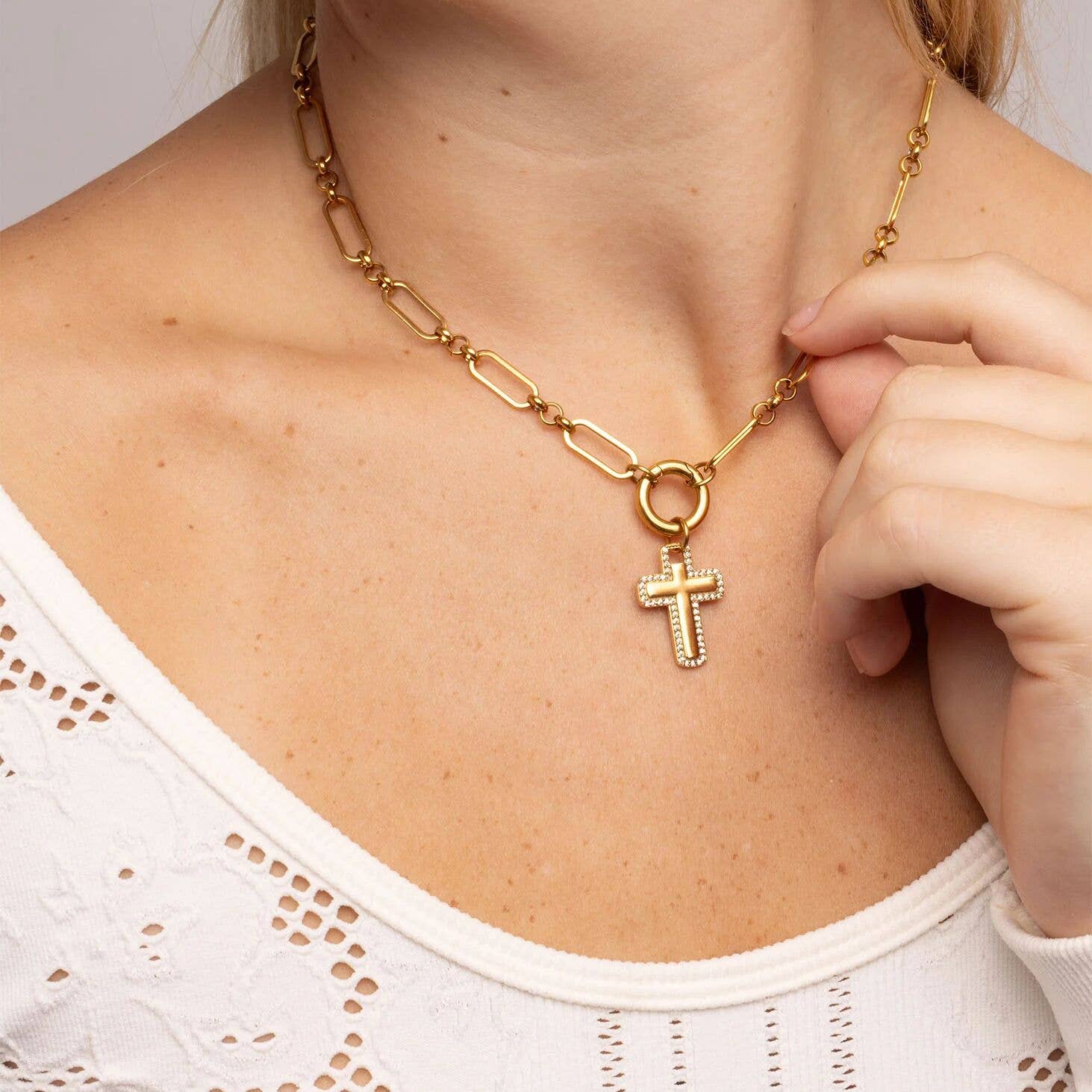 18K Gold PVD Stainless Steel Long Paperclip Charm Necklace: Gold