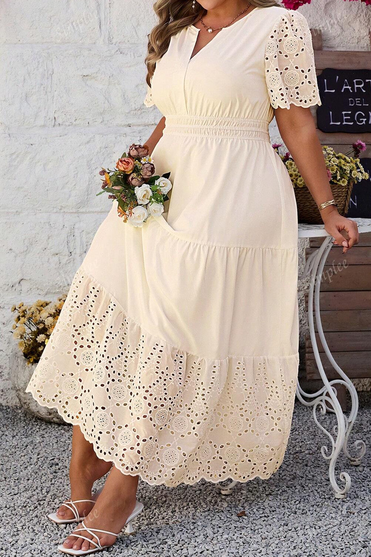 Apricot Lacy Embroidery Maxi Dress