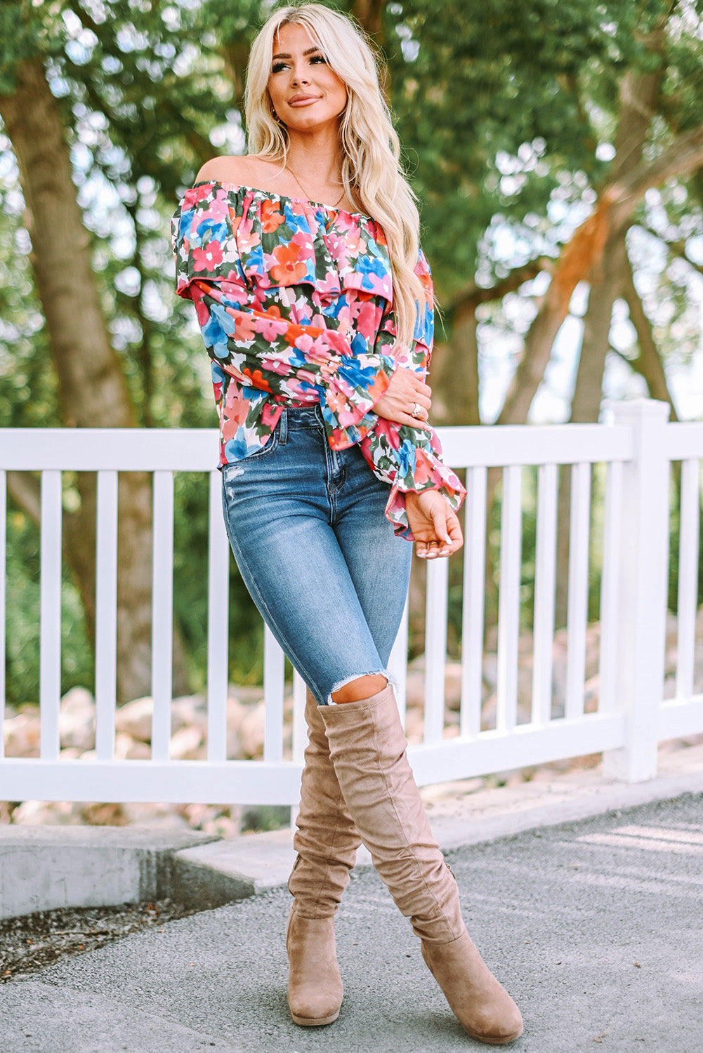 Bohemian Floral Ruffle Off Shoulder Blouse