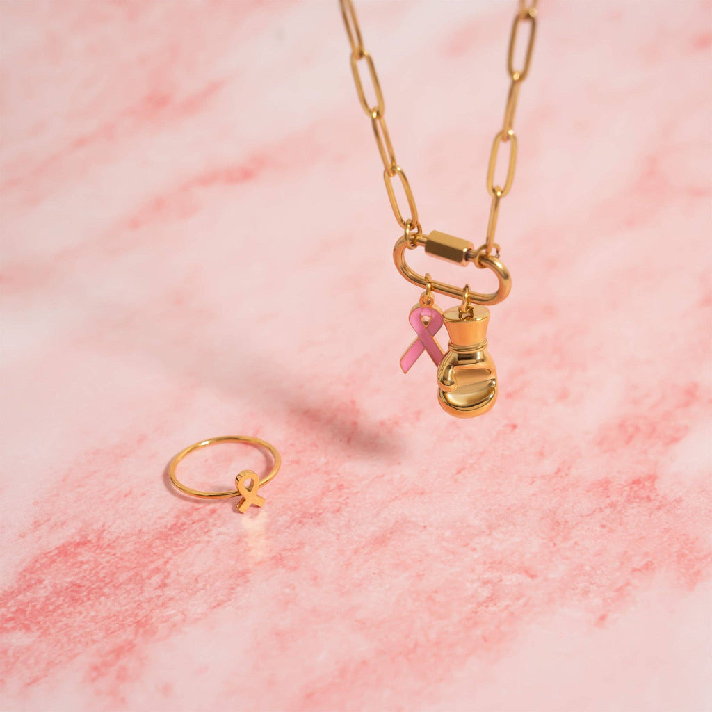 Breast Cancer Awareness Pink Ribbon Charm: Gold