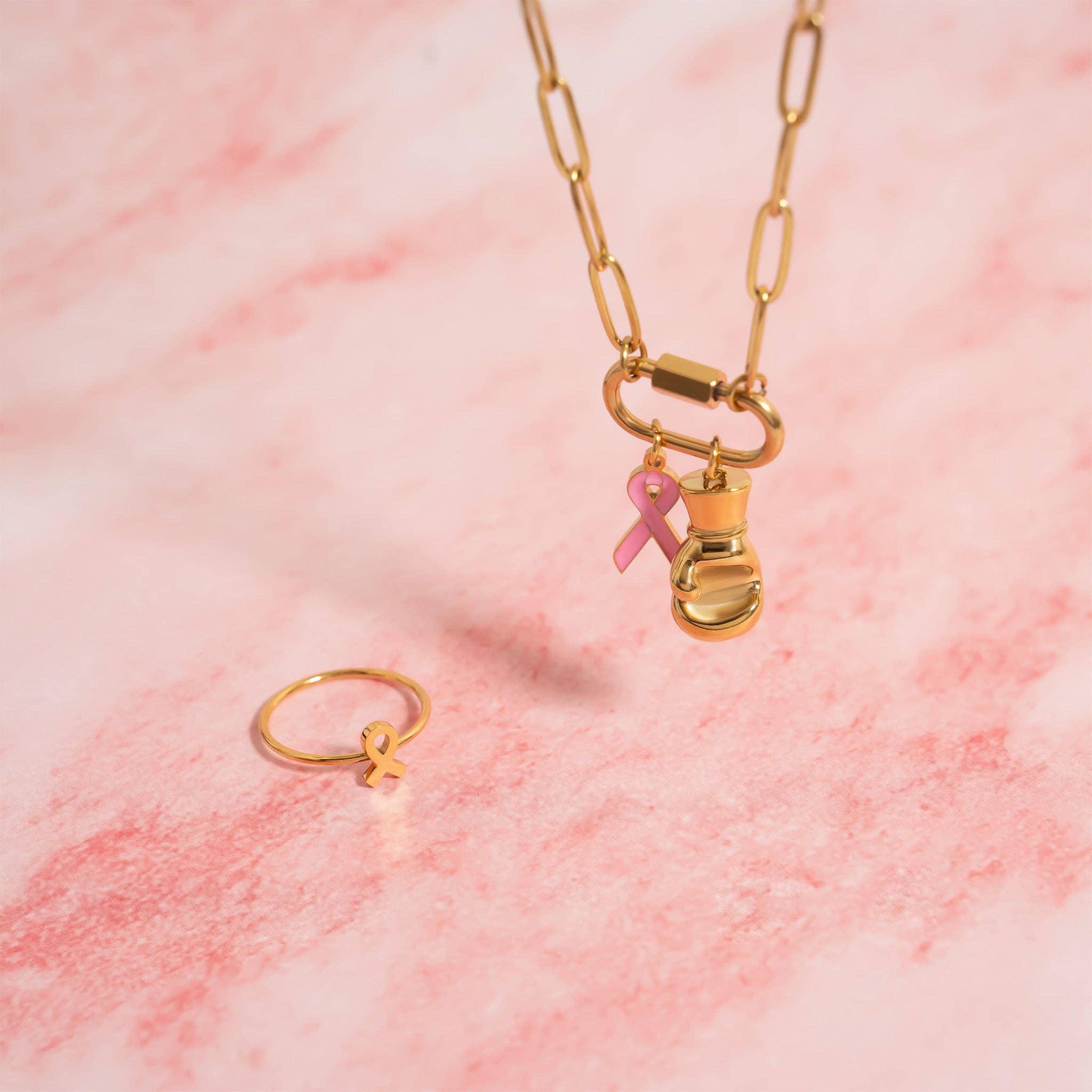 Breast Cancer Awareness Pink Ribbon Charm: Gold