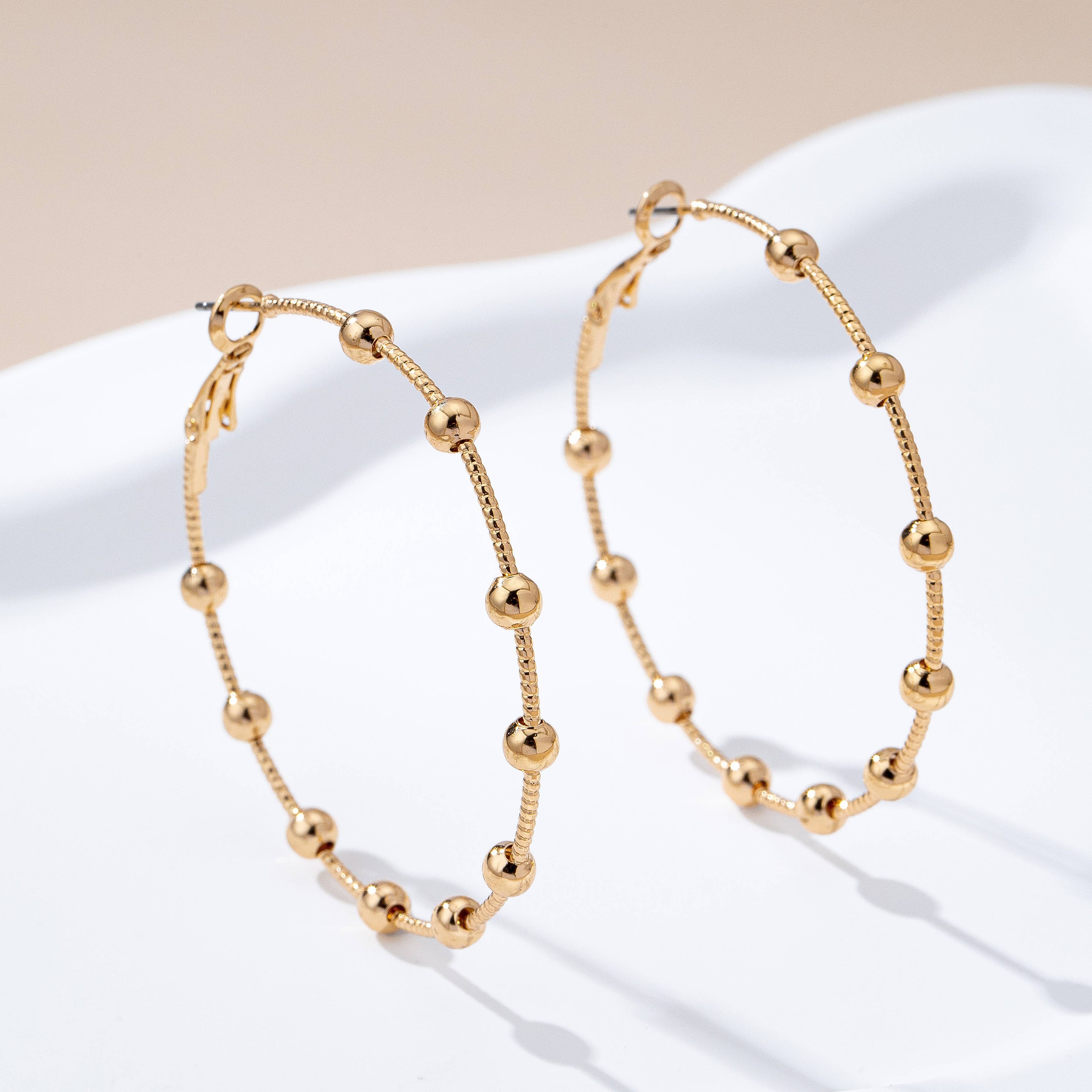 Classic Gold Ball Beaded Station Hoop Earrings | 80E61576: GOLD