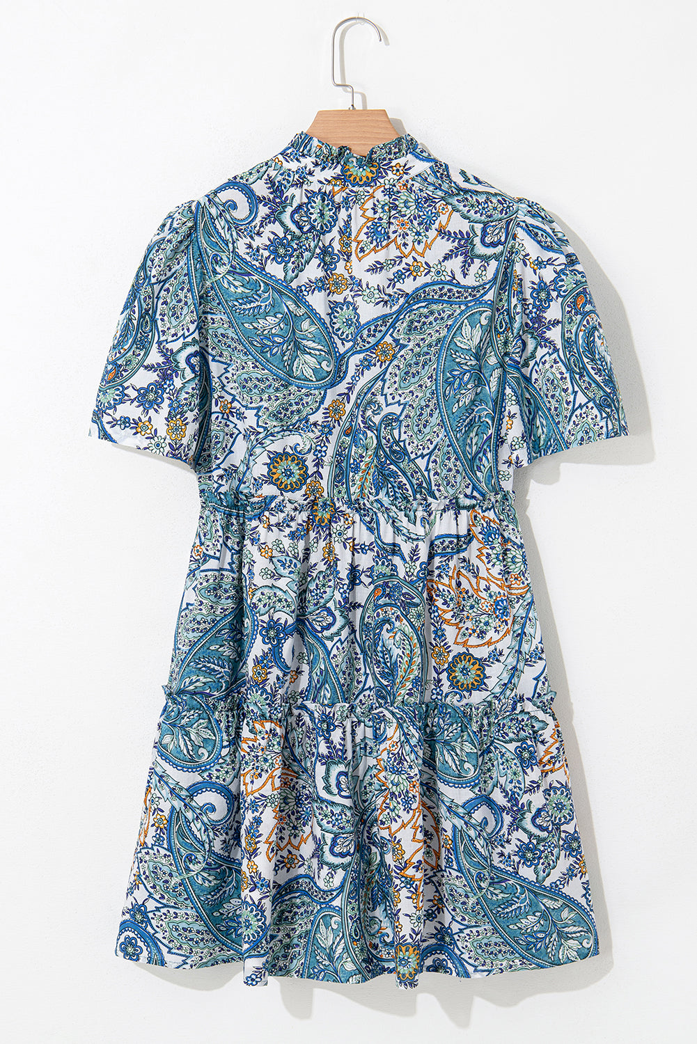 Blue Bohemian Paisley Floral Puff Sleeve Mini Dress