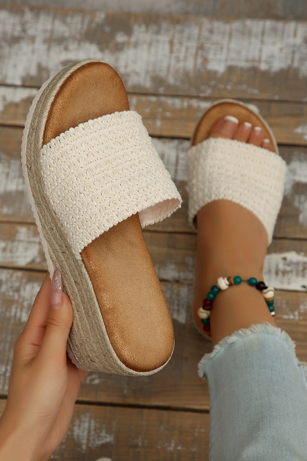 White Boho Woven Wedge Sandals