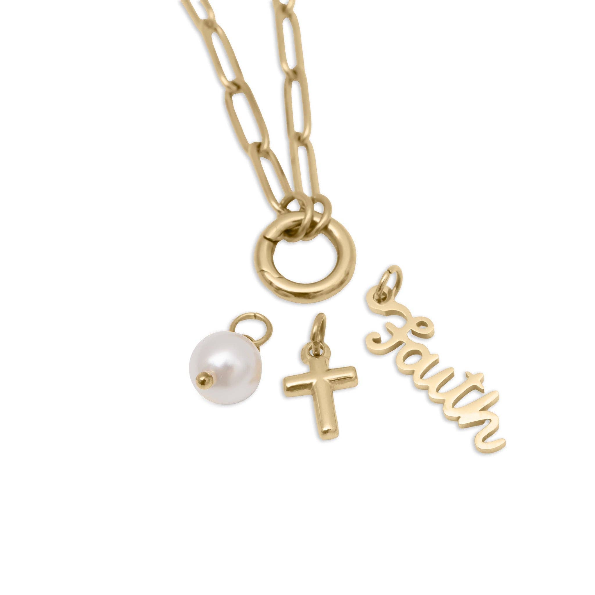 Gold Stainless Steel Faith Charm Holder Necklace Gift Set: Stainless