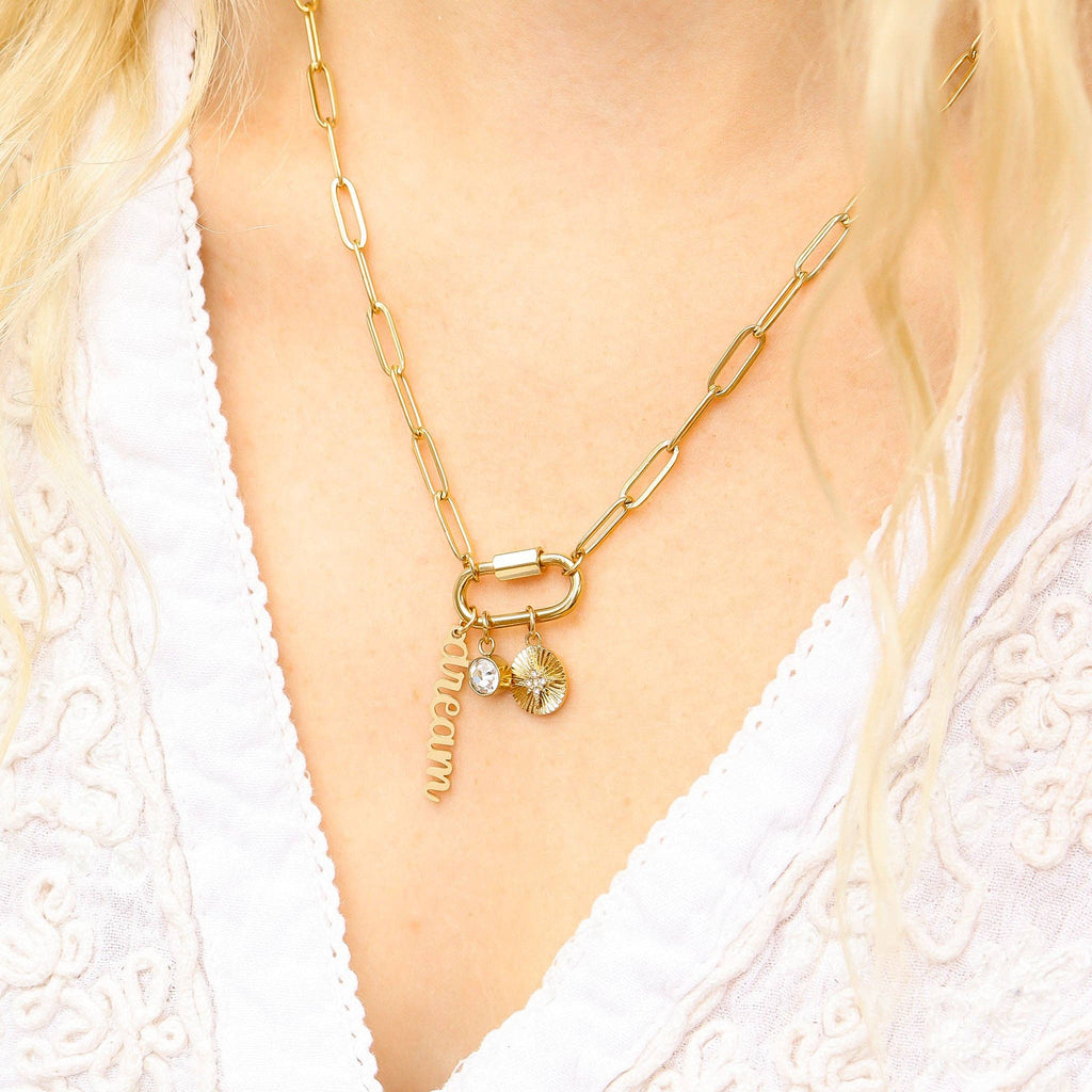 18K PVD Gold Carabiner "Dream" Paperclip Charm Necklace: Gold