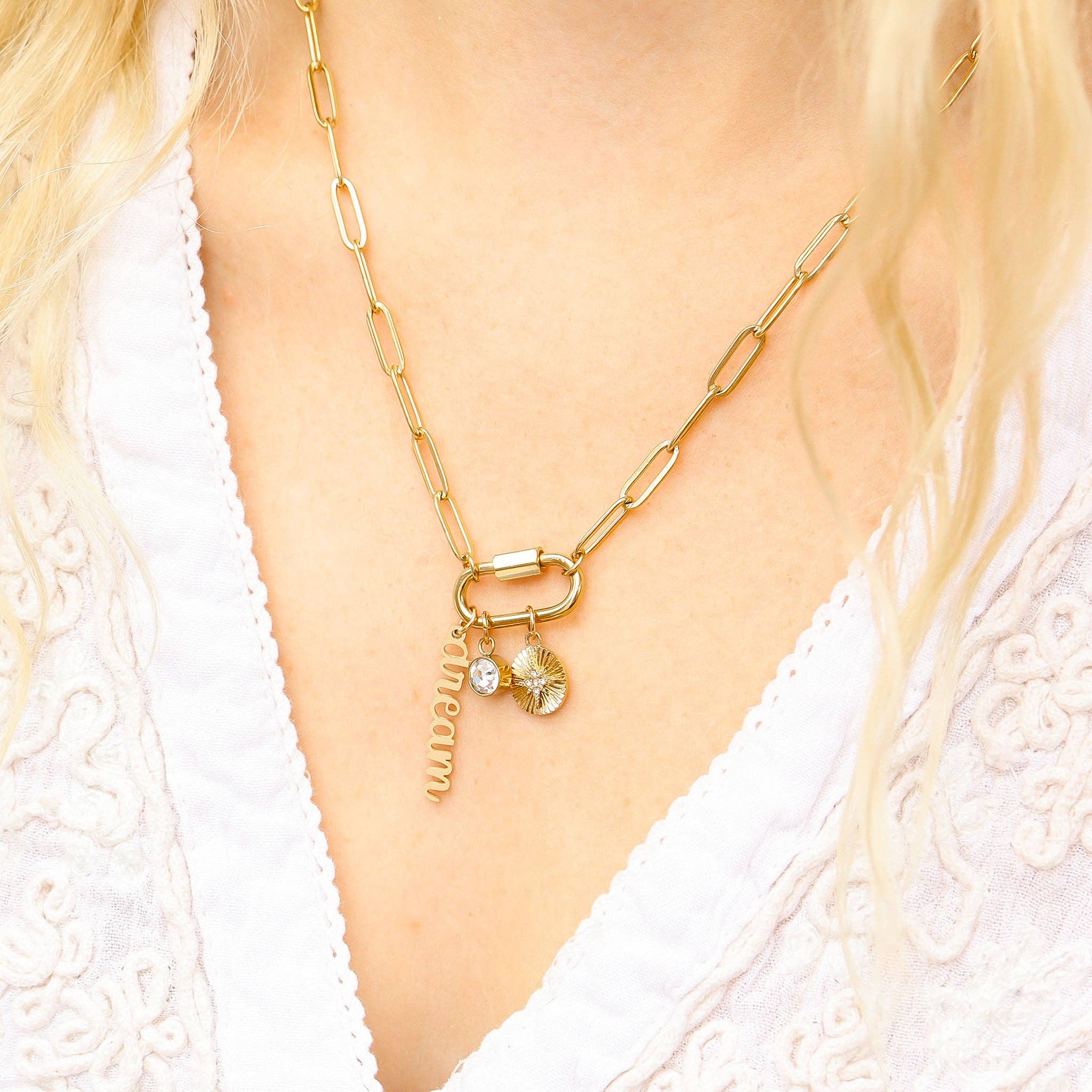 18K PVD Gold Carabiner "Dream" Paperclip Charm Necklace: Gold
