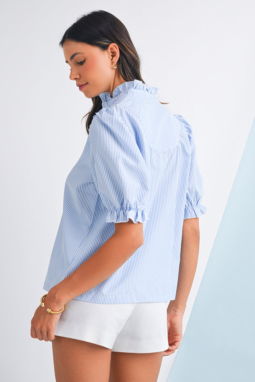 Sky Blue Striped Frill Blouse