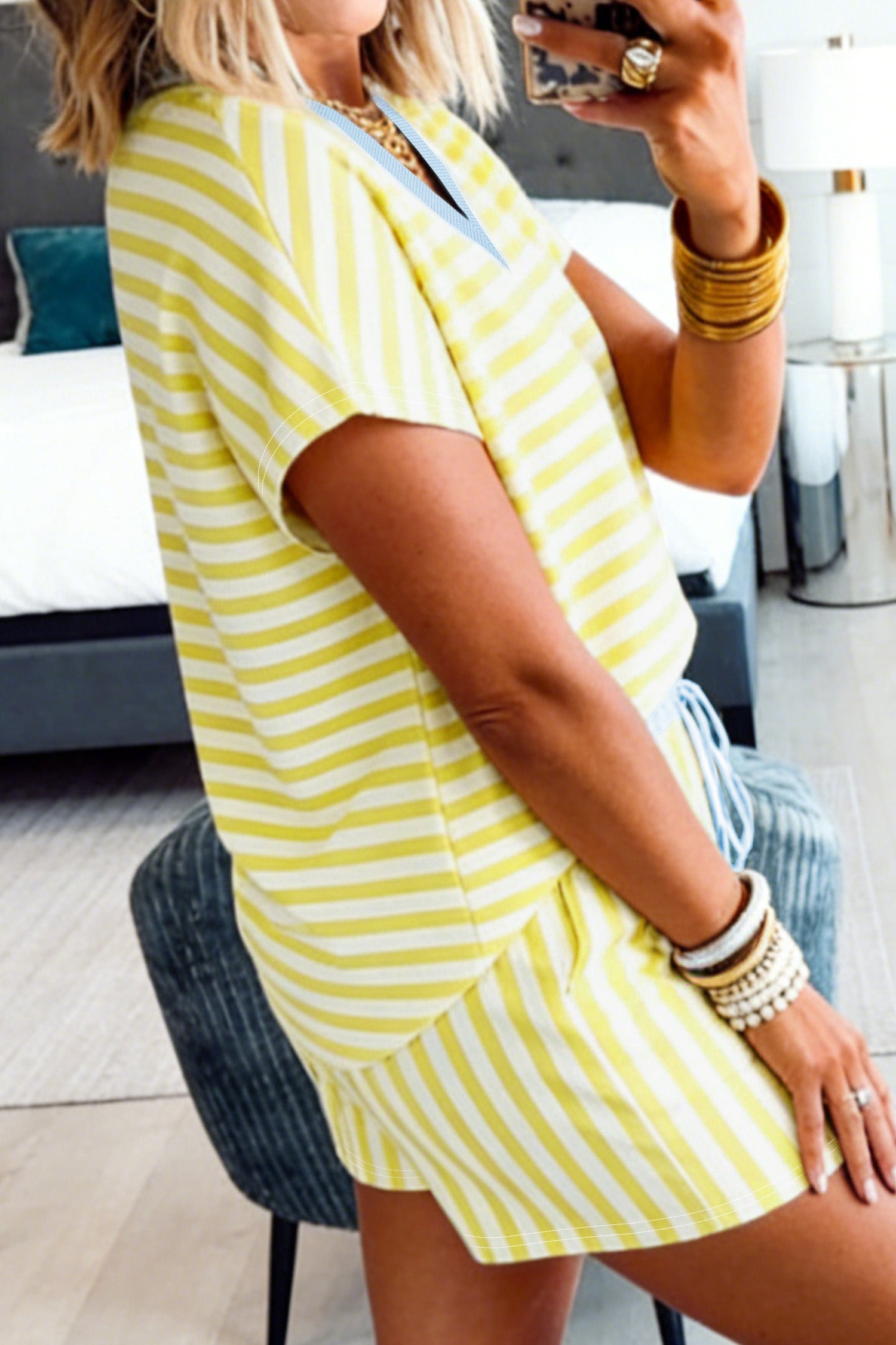 Pink Stripe Colorblock Tee Drawstring Elastic Waist Short Set