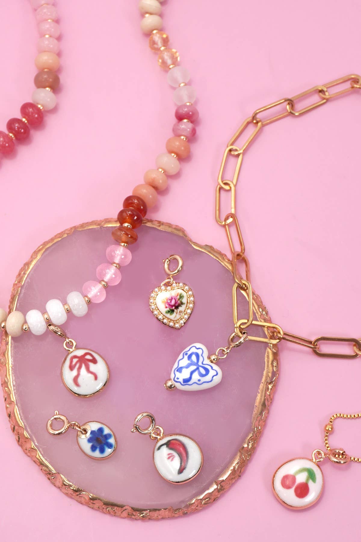 CHARM-PORCELAIN BOW CHERRY WITH SPRING RING CLASP | 80CM1101: HEART ROSE QUARTZ