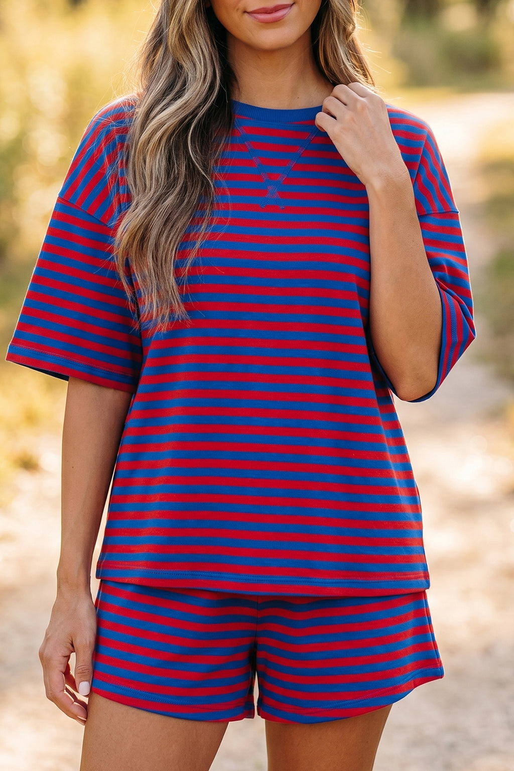 Blue Stripe Striped Ribbed Cotton Two-Piece Short Set with Chest Patch Detail