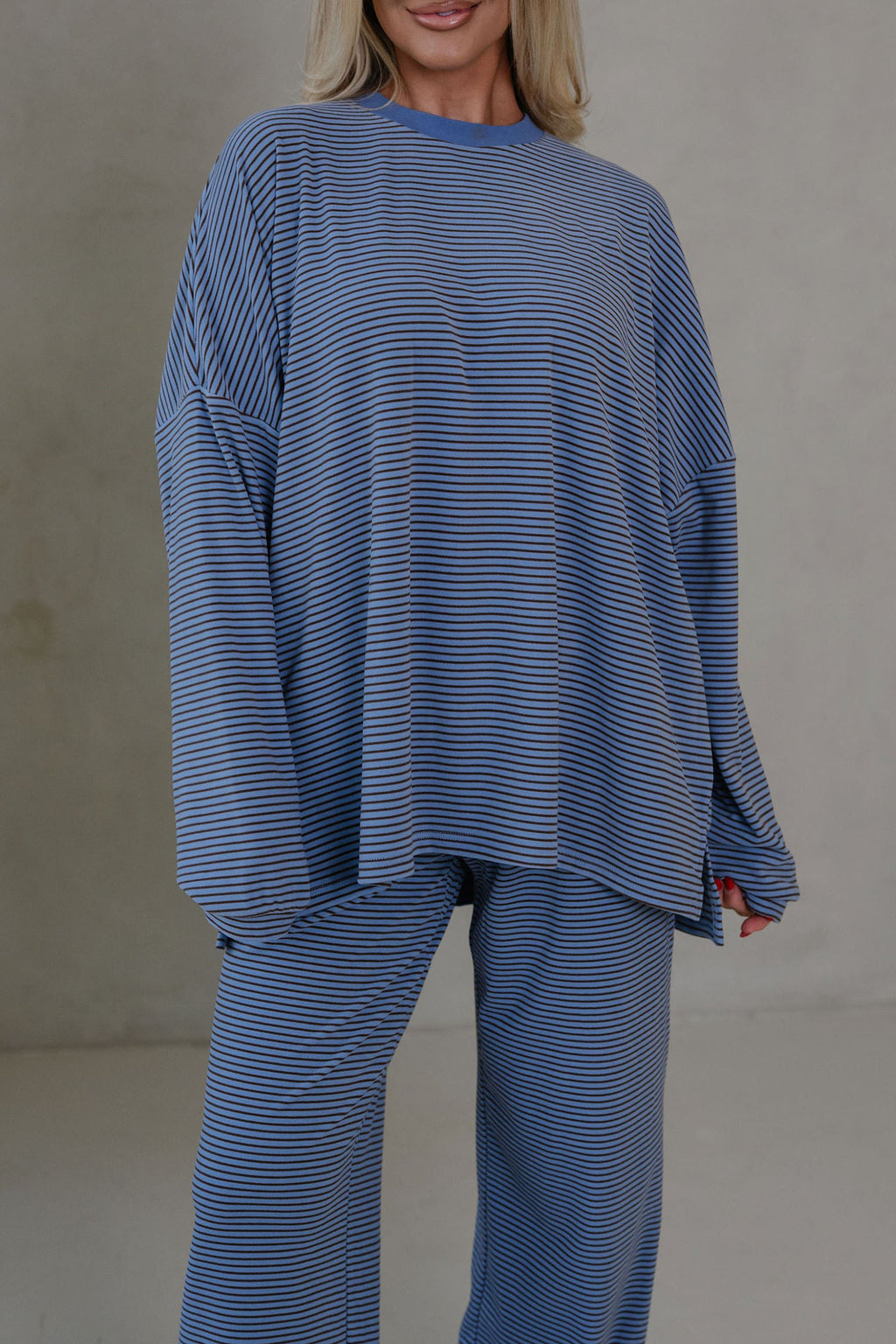 Pink Striped Drop Shoulder Long Sleeve Top and Pant Set