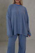 Pink Striped Drop Shoulder Long Sleeve Top and Pant Set