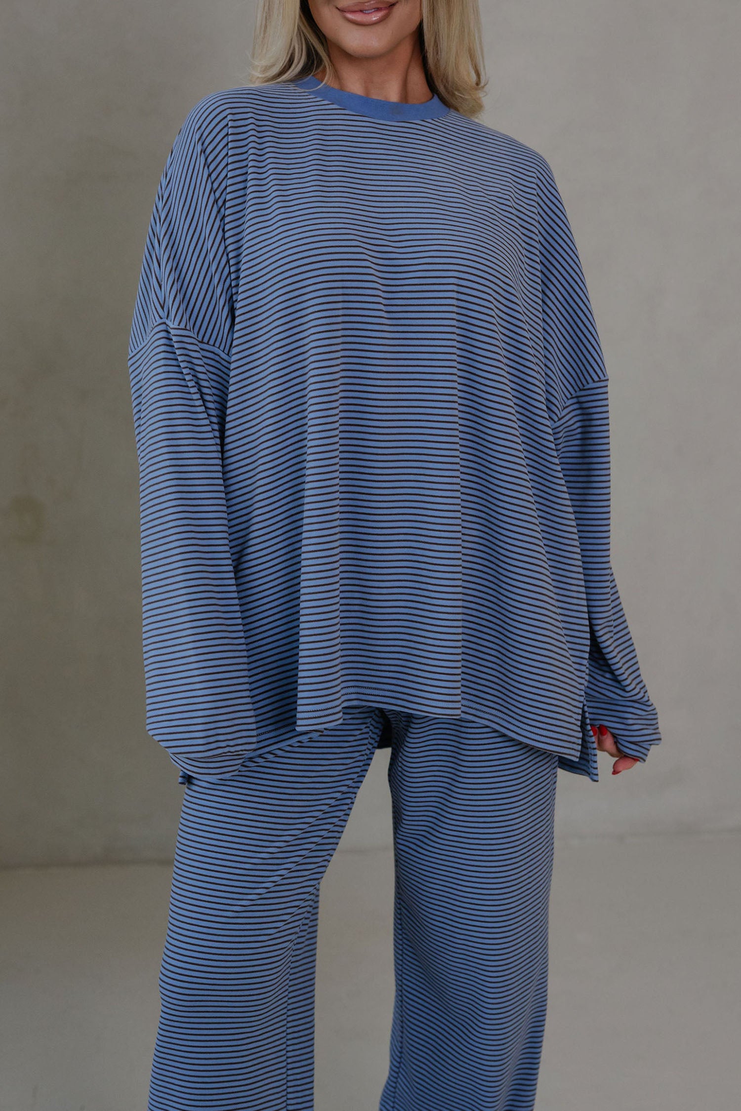 Pink Striped Drop Shoulder Long Sleeve Top and Pant Set