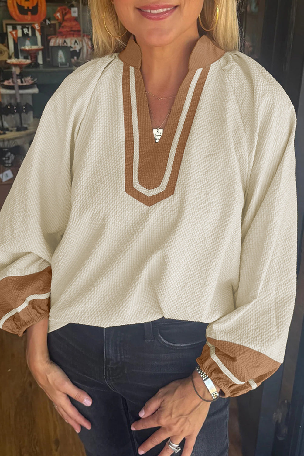 Jet Stream Colorblock Contrast V-neck Long Sleeve Blouse