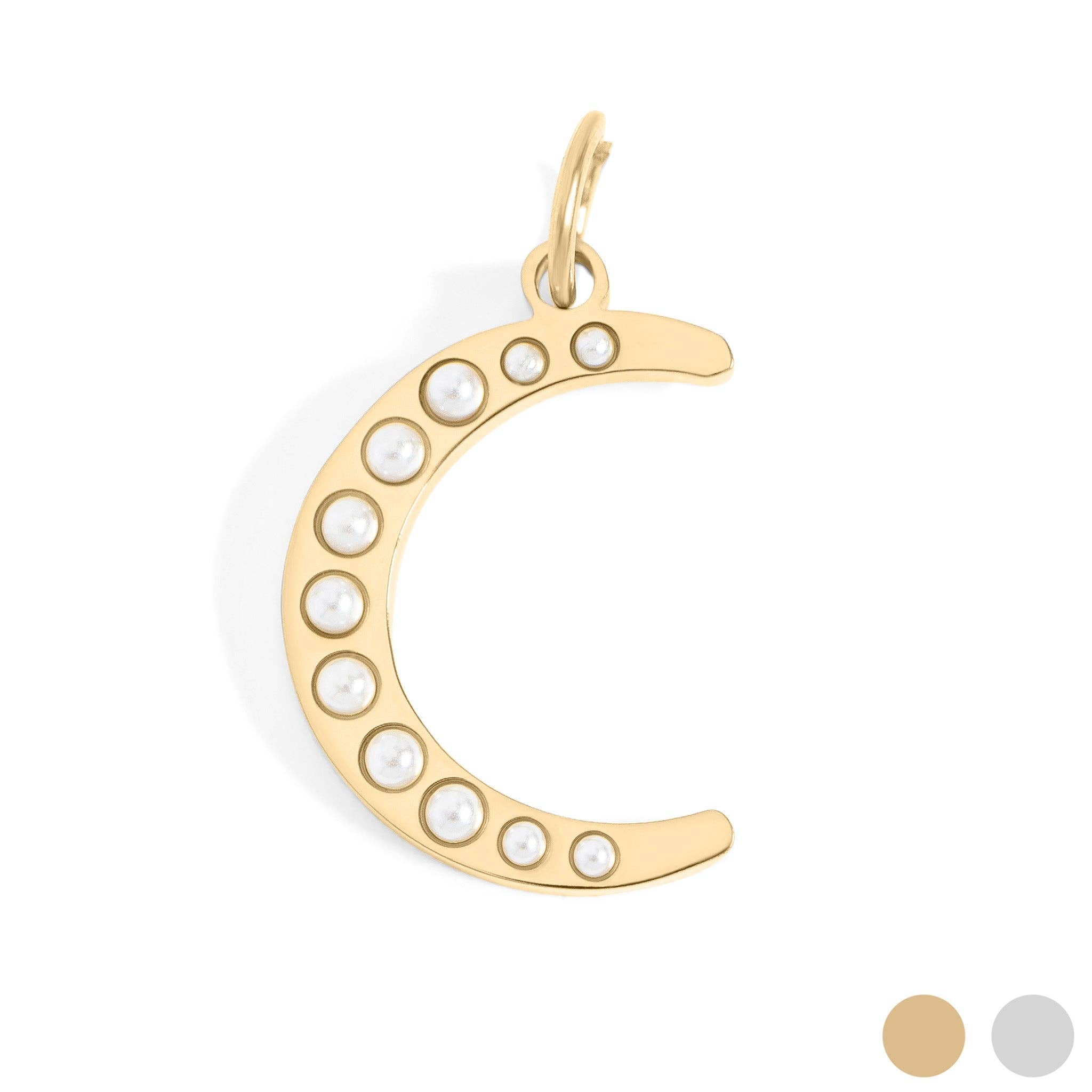 18K Gold PVD Stainless Steel Pearl Beaded Moon Charm: Gold / 15mm