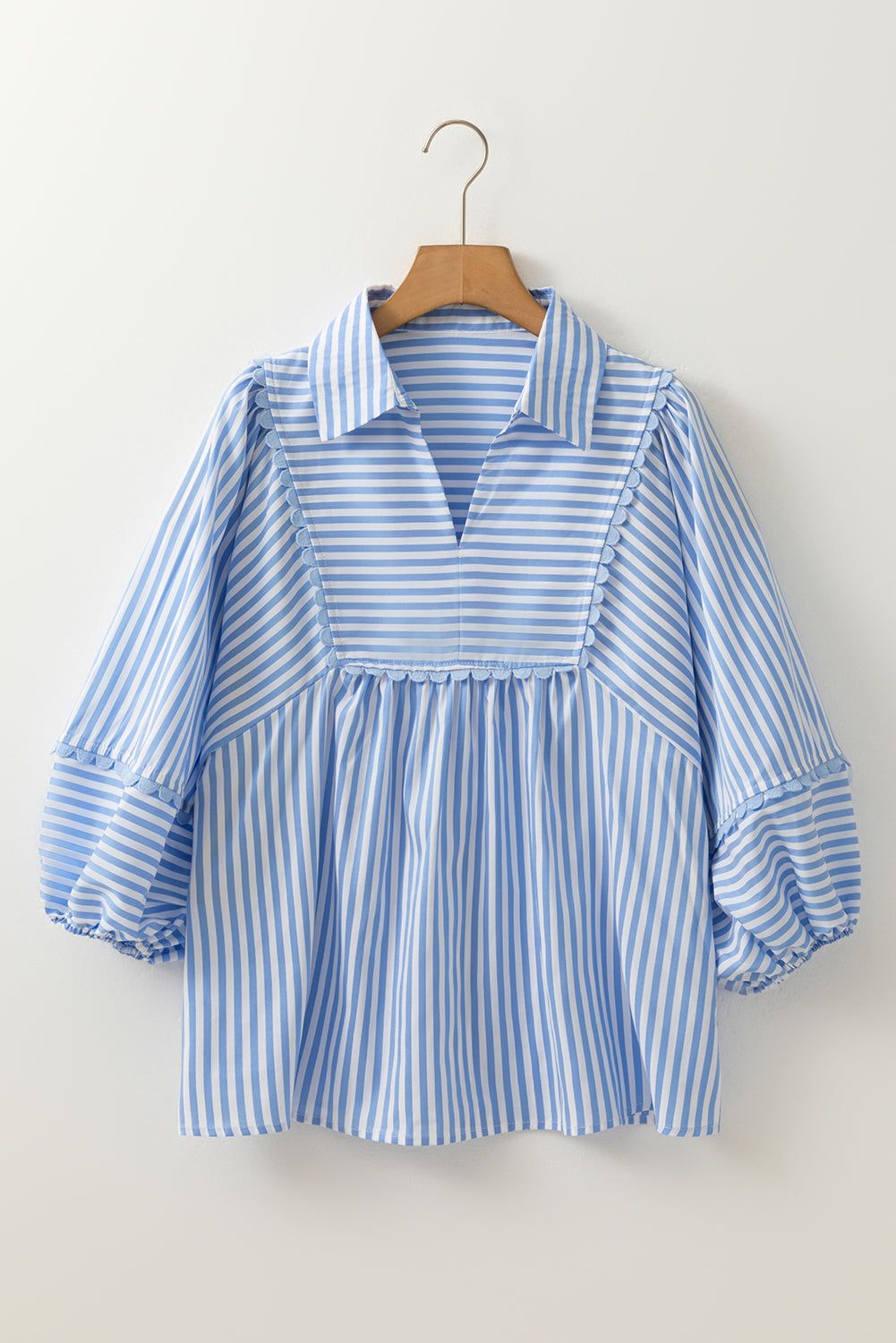 Blue Striped Ric Rac Trim Collared V Neck Blouse