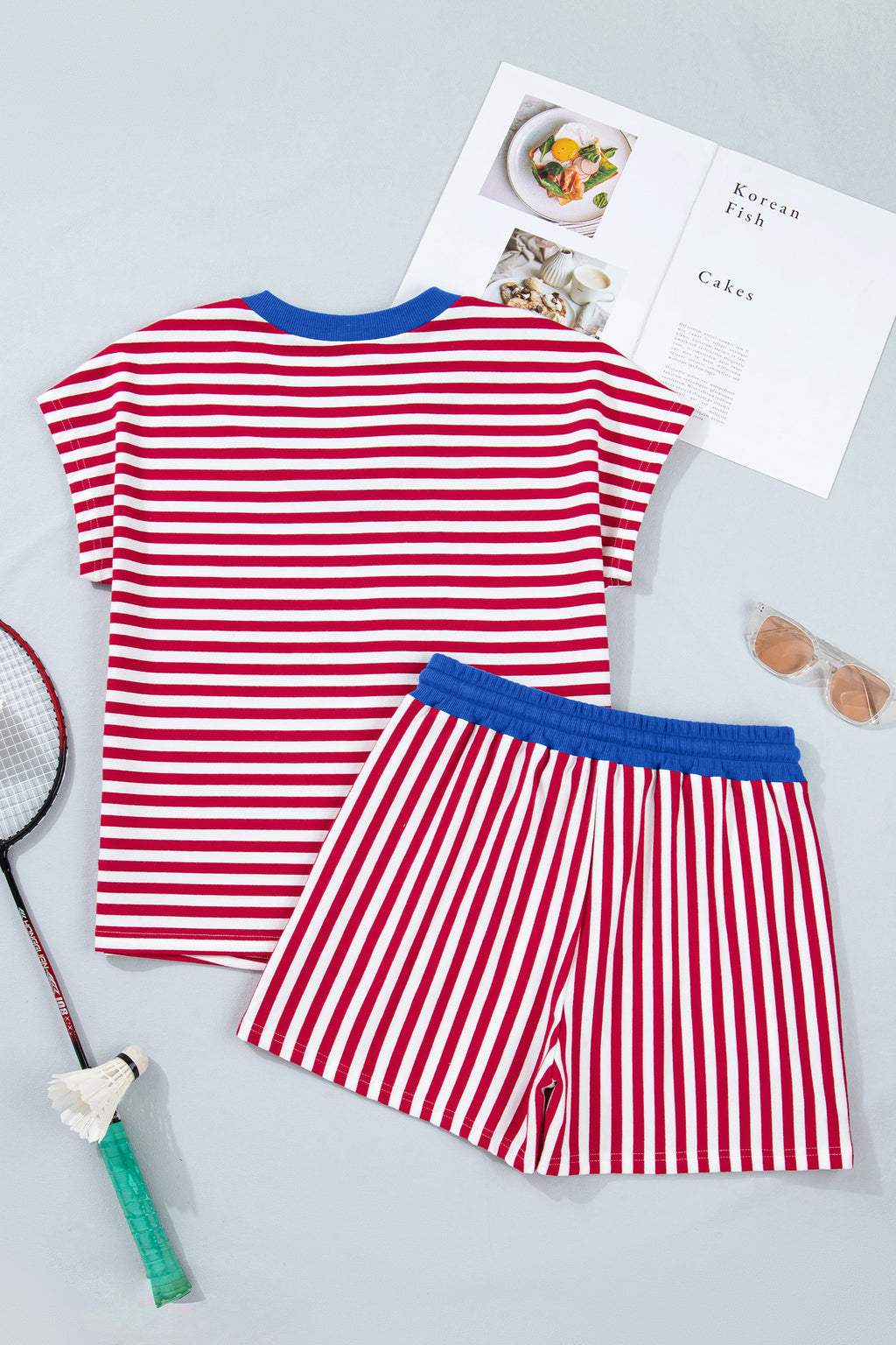 Pink Stripe Colorblock Tee Drawstring Elastic Waist Short Set