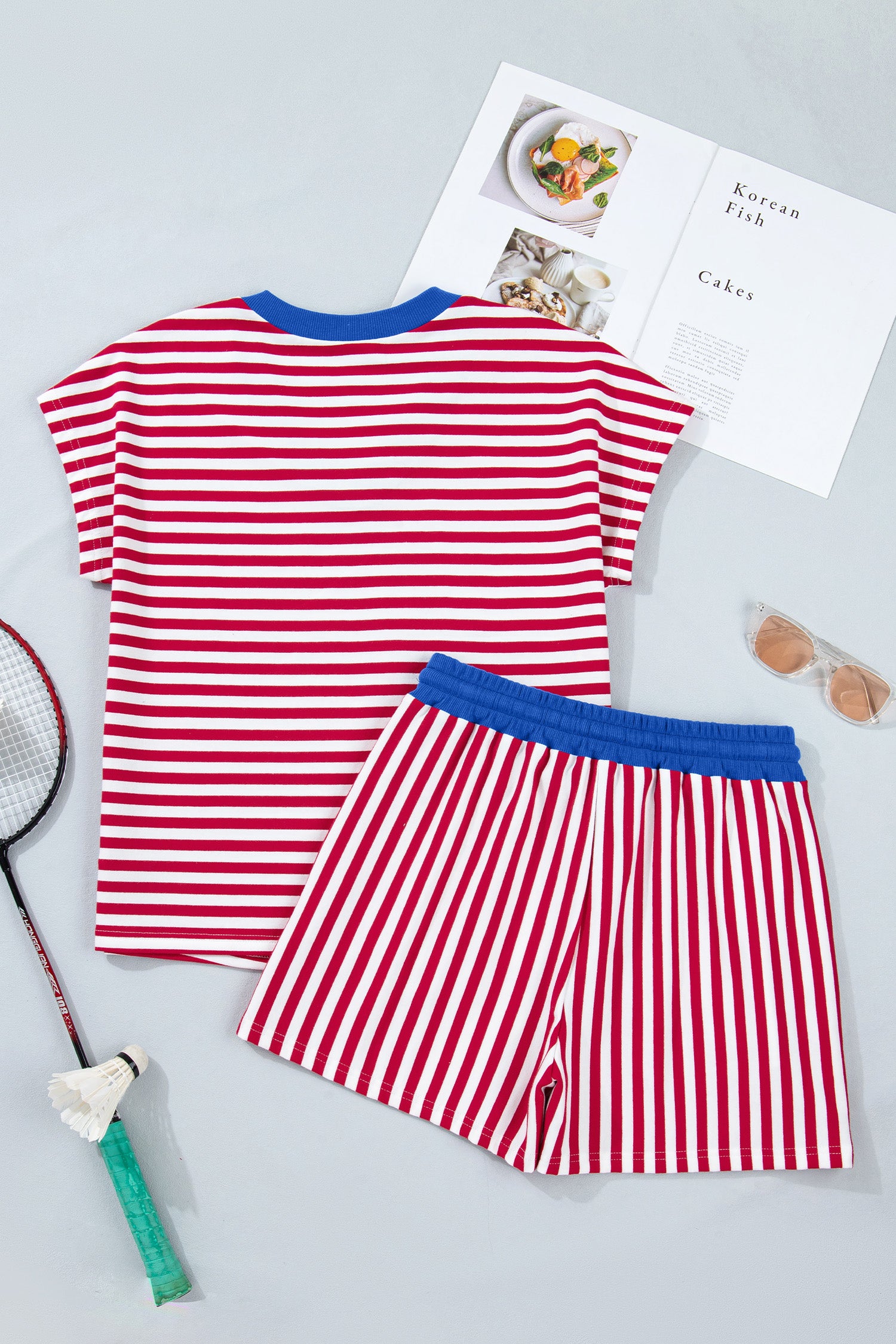 Pink Stripe Colorblock Tee Drawstring Elastic Waist Short Set