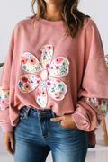 Floral Applique Patchwork Drop Sleeve Sweatshirt (S-4X): Pink / Missy