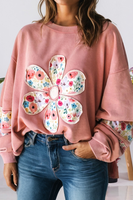 Floral Applique Patchwork Drop Sleeve Sweatshirt (S-4X): Pink / Missy