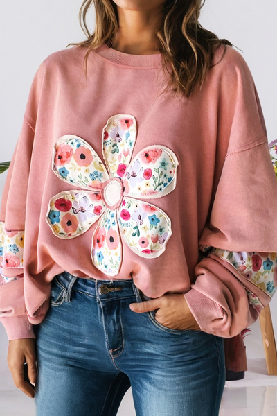 Floral Applique Patchwork Drop Sleeve Sweatshirt (S-4X): Pink / Missy