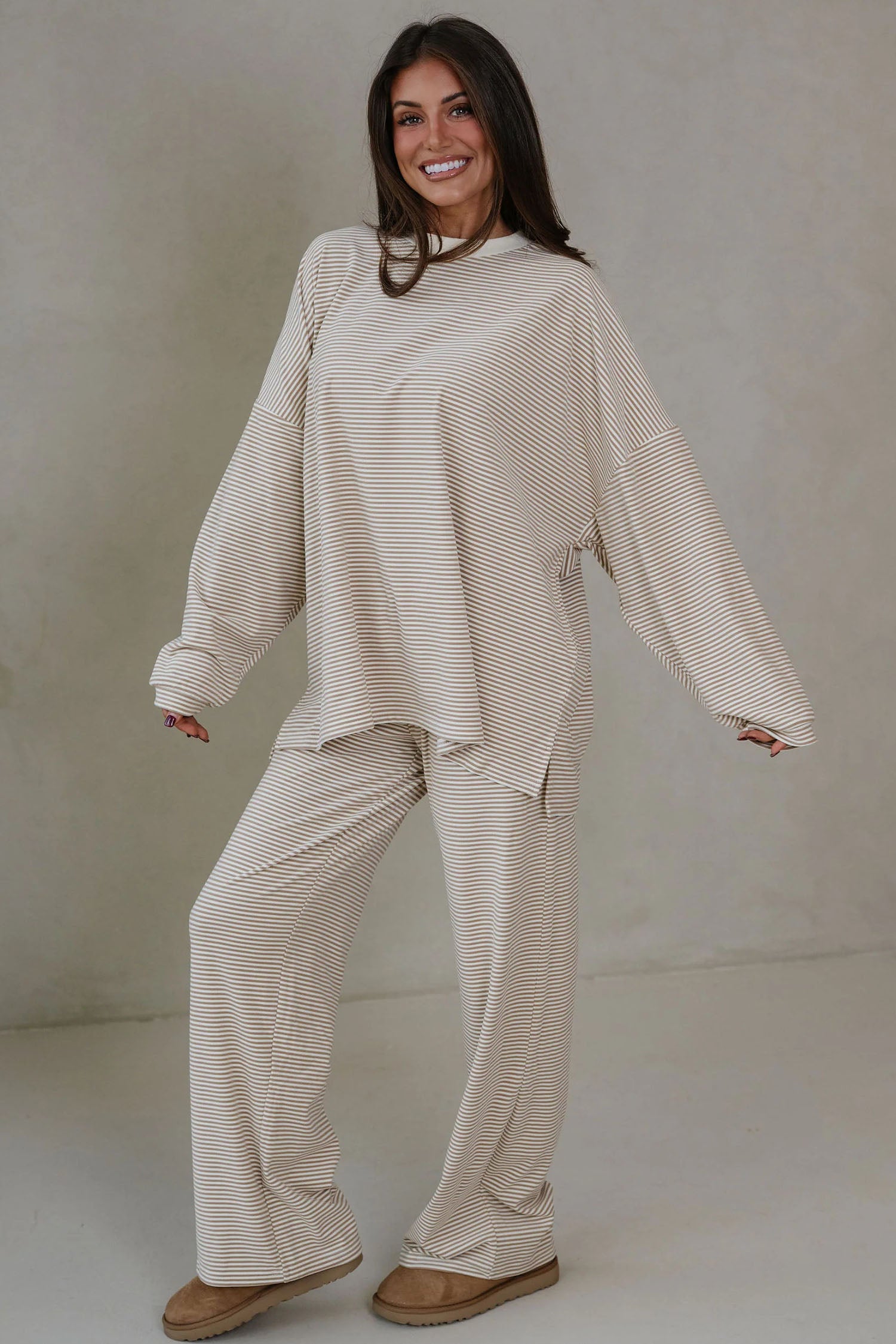 Pink Striped Drop Shoulder Long Sleeve Top and Pant Set