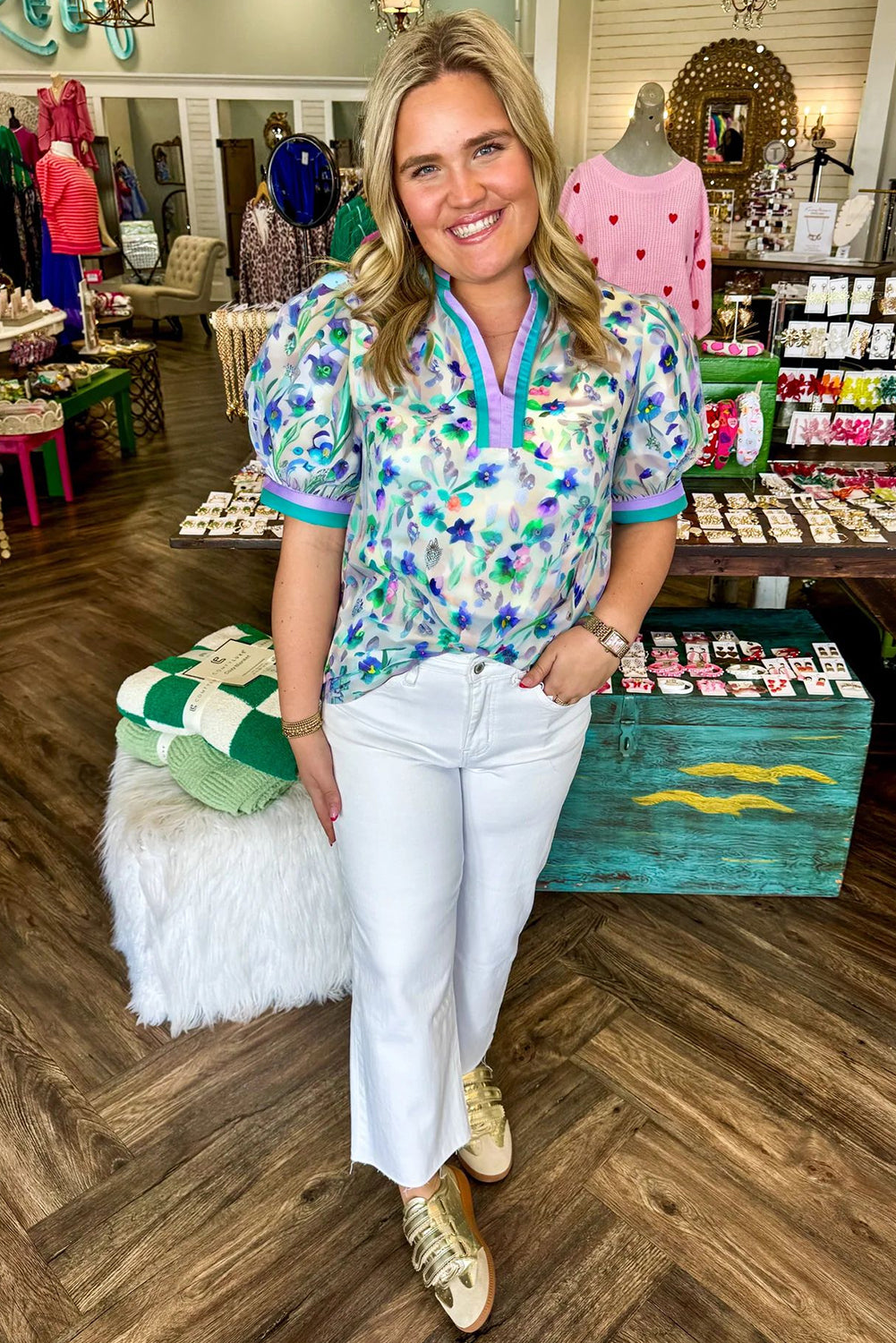 Green Floral Print Puff Sleeve Plus Size Blouse