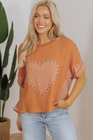 Desert Gold Stud Heart Patch Textured Front Dolman Top