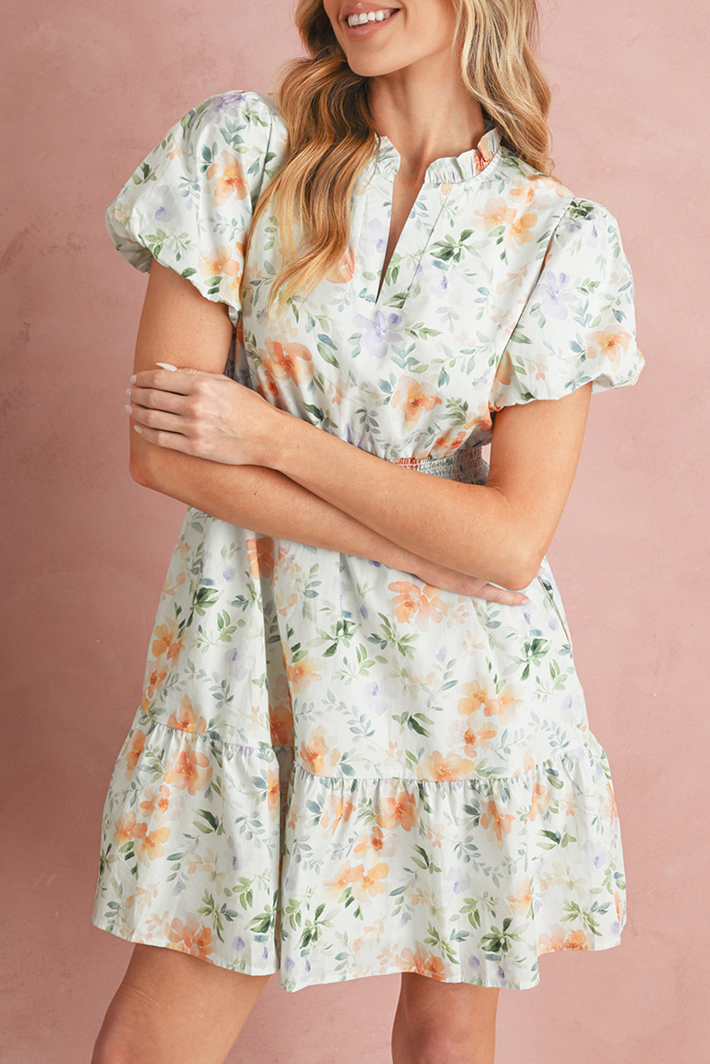 Beige Floral Smocked High Waist Puff Sleeve Mini Dress