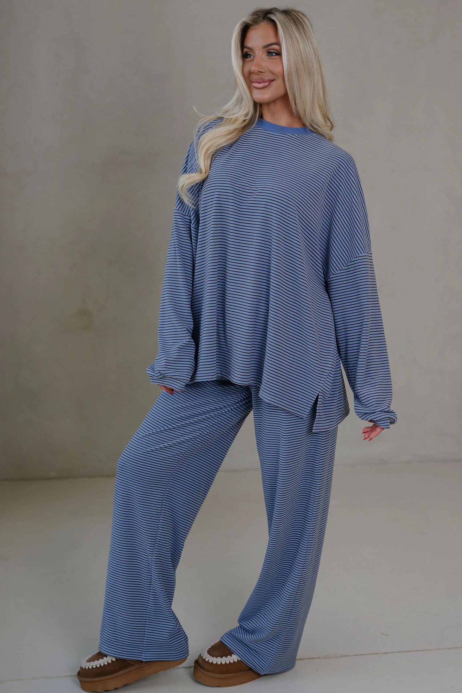 Pink Striped Drop Shoulder Long Sleeve Top and Pant Set