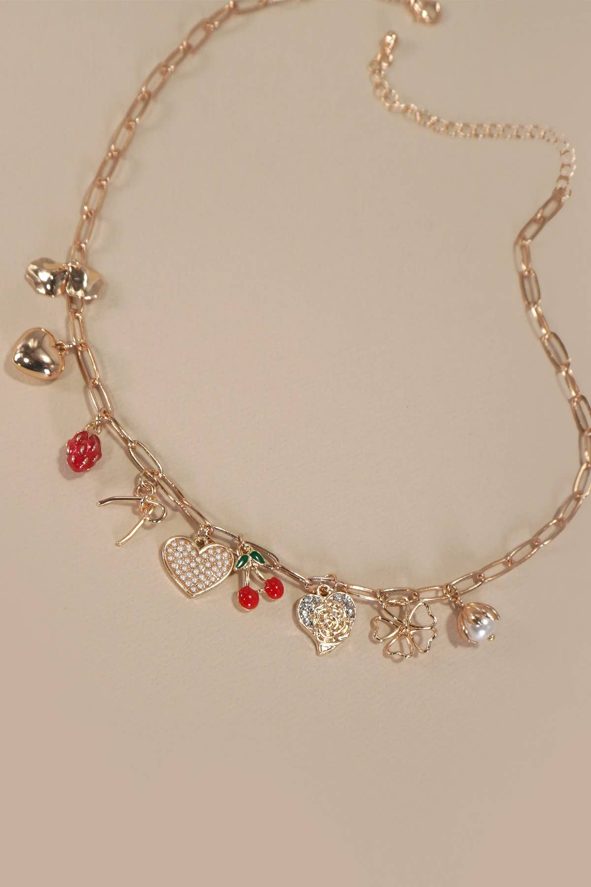 MULTI CHARM BOW CHERRY HEART NECKLACE | 80N1190: Gold