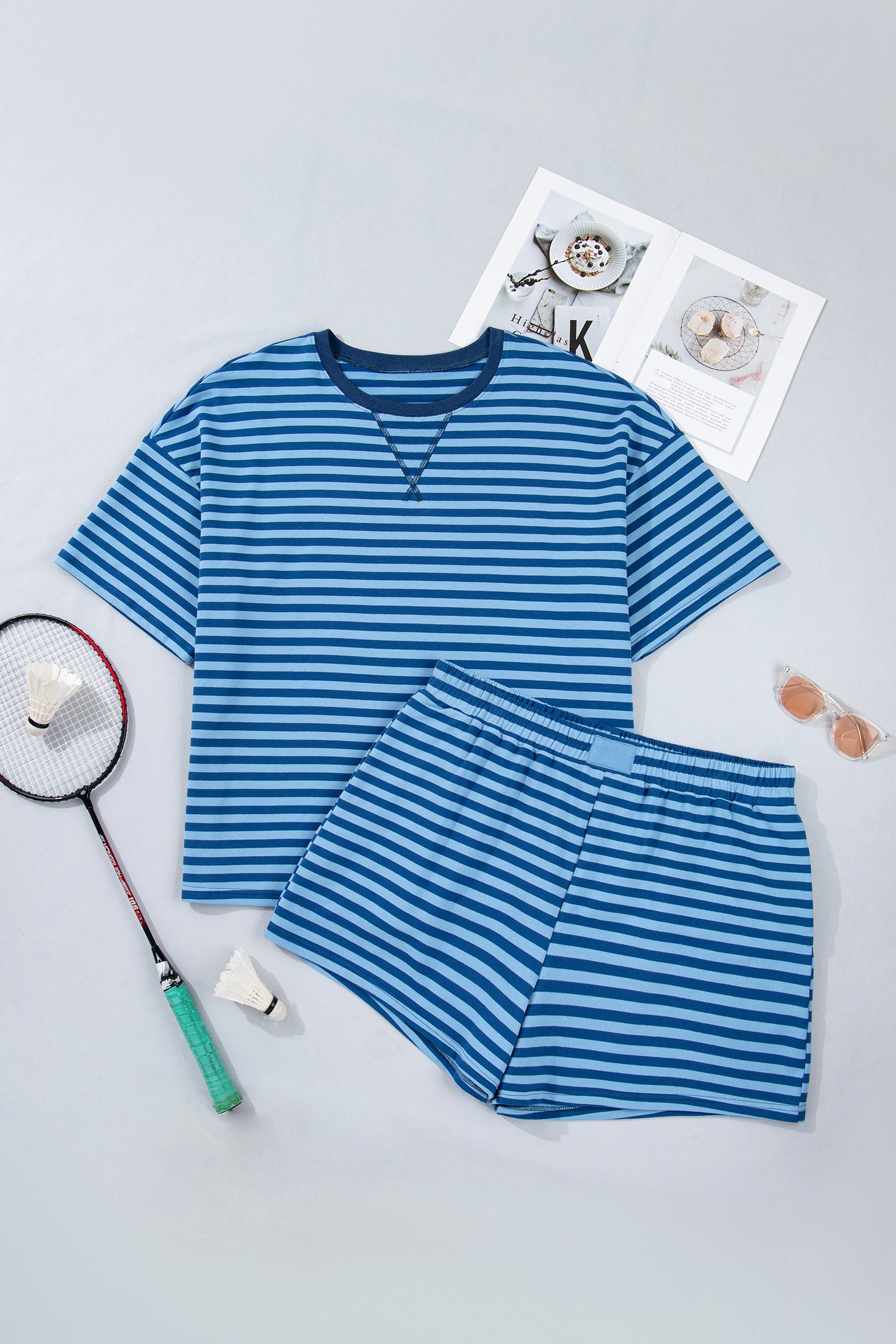 Blue Stripe Plus Size Tee and Shorts Two-Piece Set