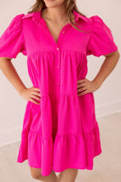 Hot Pink Puff Sleeve Button-Up Dress: Pink / 3XL