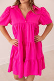 Hot Pink Puff Sleeve Button-Up Dress: Pink / L