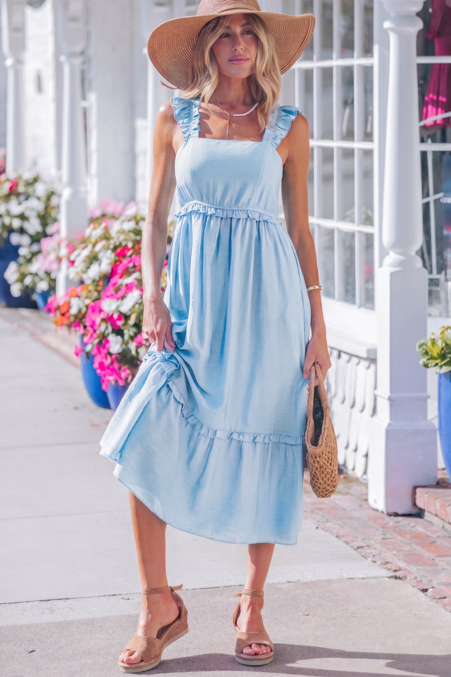 Beau Blue Ruffle High Waist Sleeveless Maxi Dress