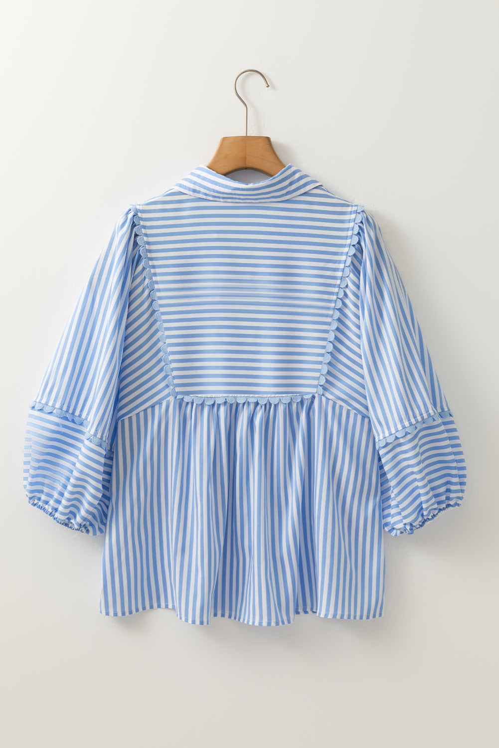 Blue Striped Ric Rac Trim Collared V Neck Blouse