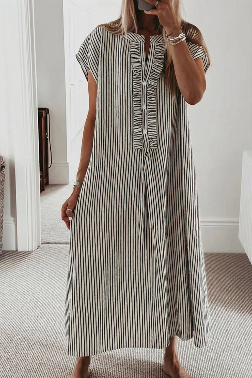 Black Stripe Short Sleeve Long Dress