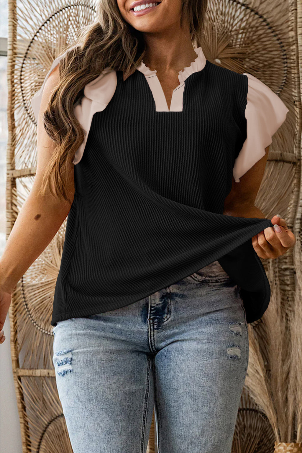 Black Plus Size Ruffled Short Sleeve Blouse