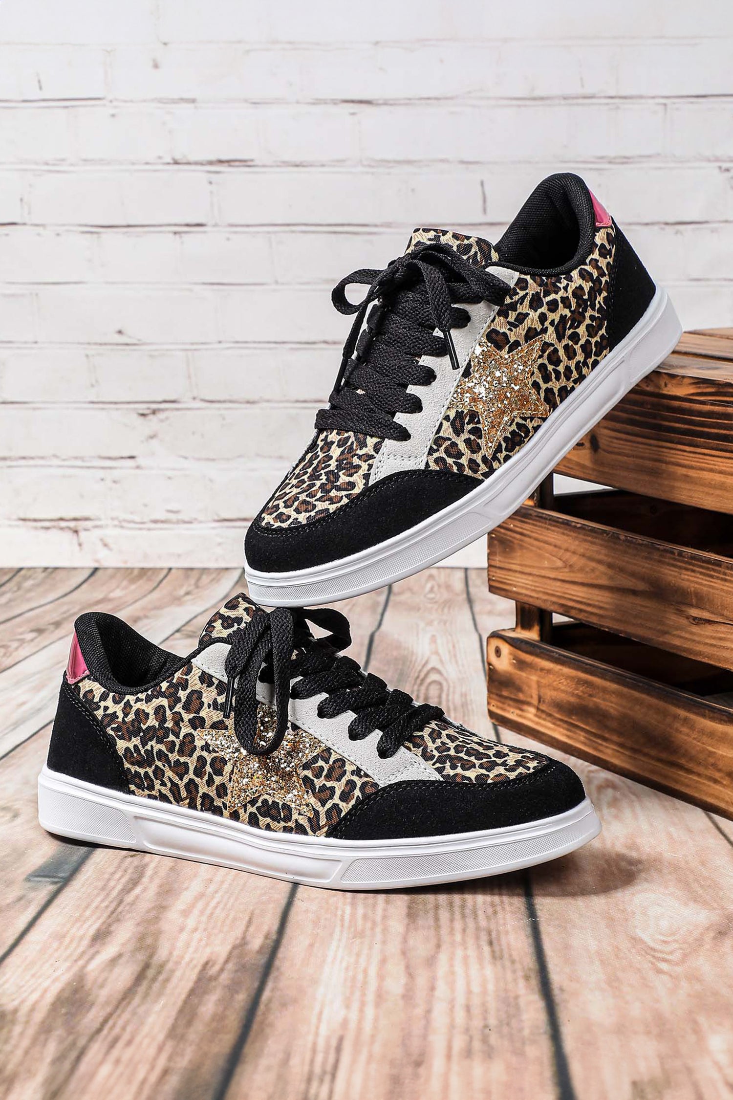 Black Glitter Star Patchwork Lace-up Flat Shoes