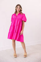 Hot Pink Puff Sleeve Button-Up Dress: Pink / 3XL