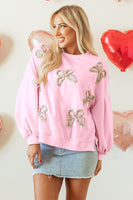 Light Pink Embroidered Bow Lantern Sleeve Oversized Pullover Sweatshirt