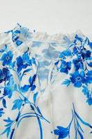 Floral Long Sleeve Lace-up V Neck Blouse (S-XL): Blue / Missy