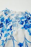 Floral Long Sleeve Lace-up V Neck Blouse (S-XL): Blue / Missy