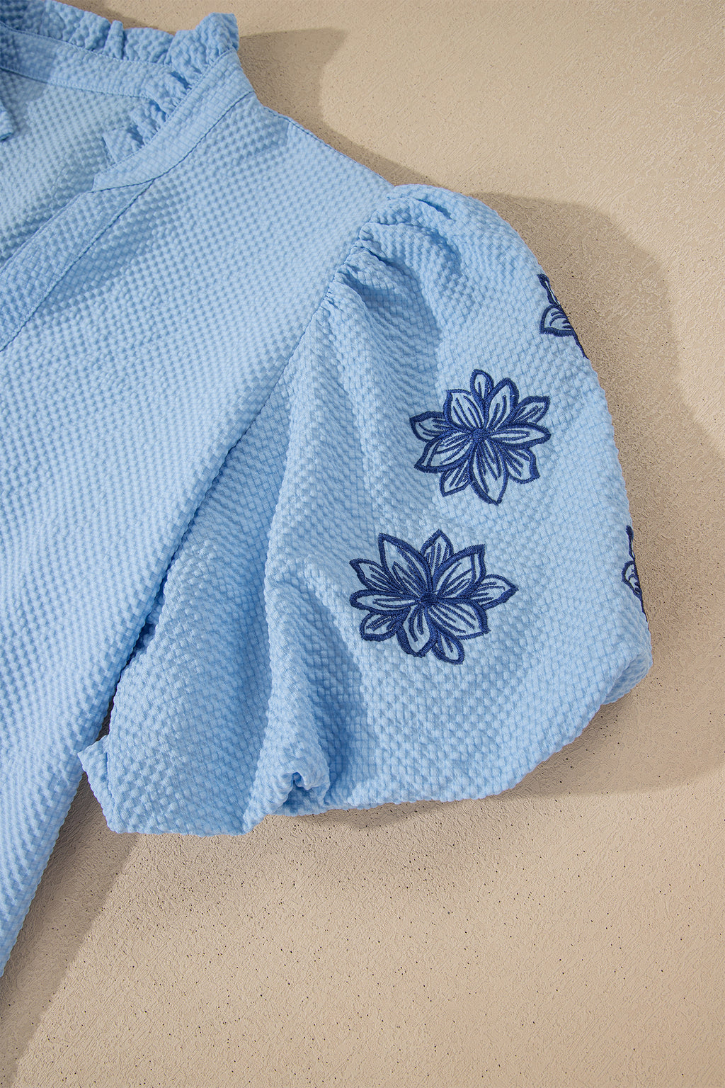 Beau Blue Flower Embroidered Puff Sleeve Blouse