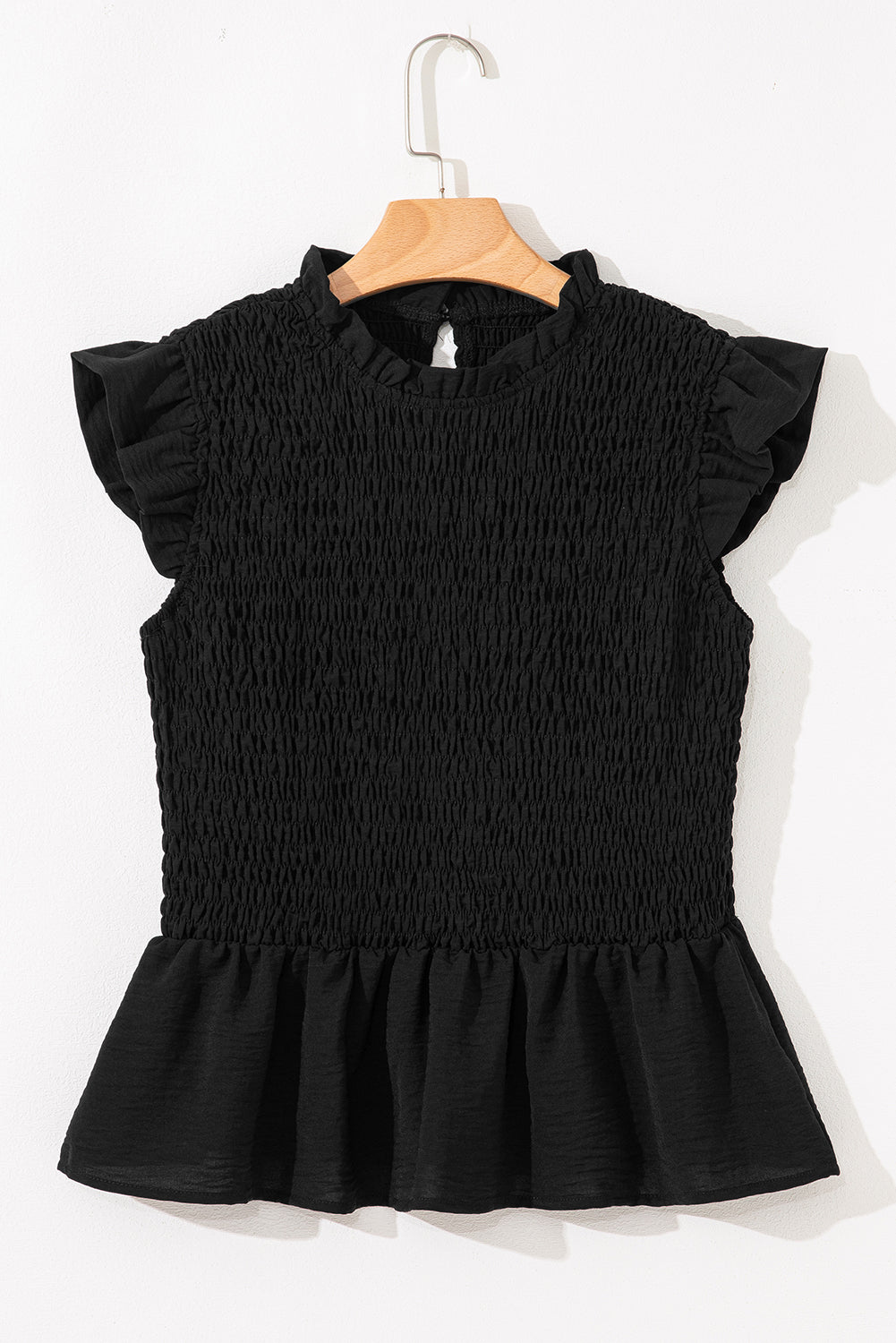 Black Ruffle Short Sleeve Shirred Peplum Top