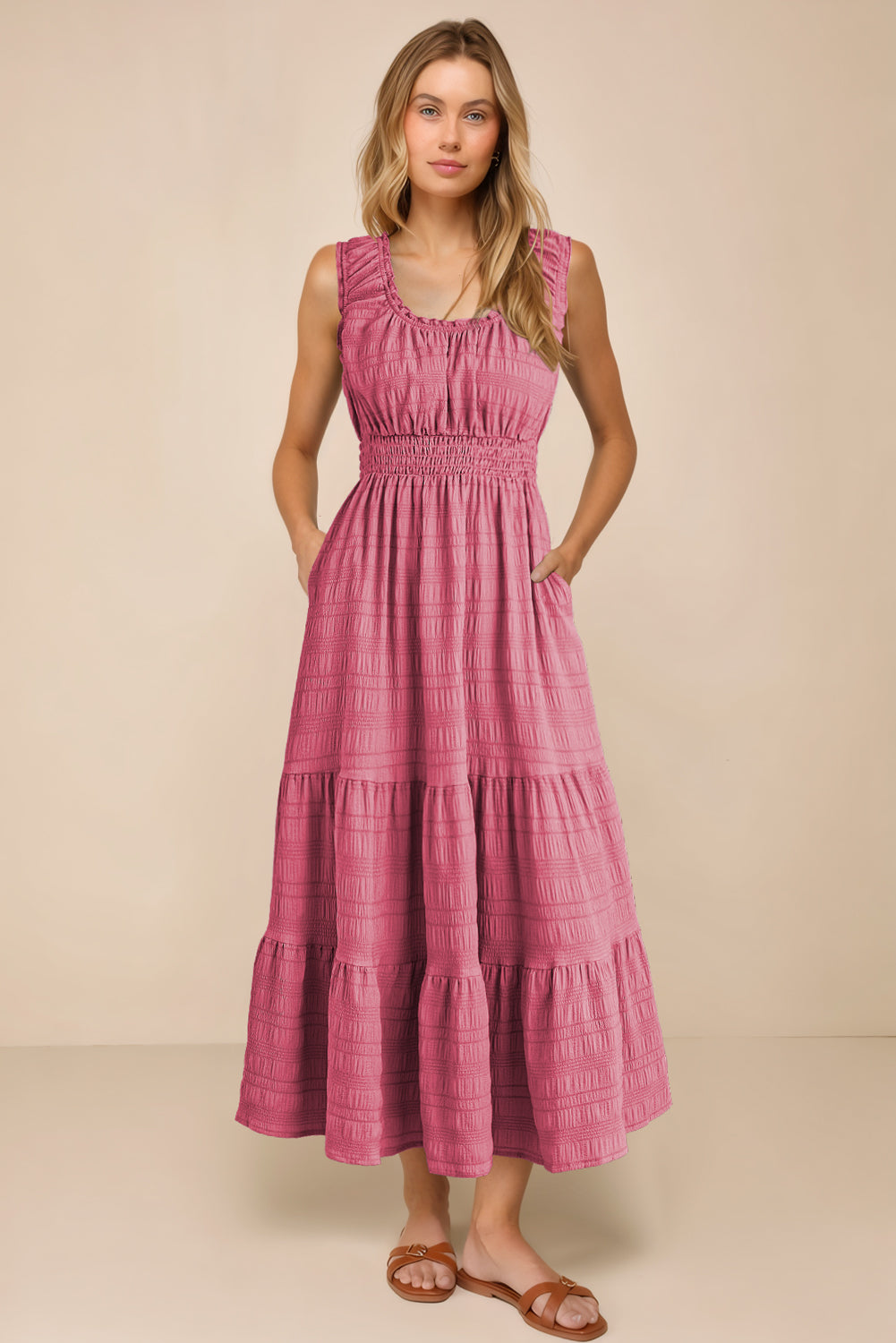 Rose Shirred Pleated Midi Dress