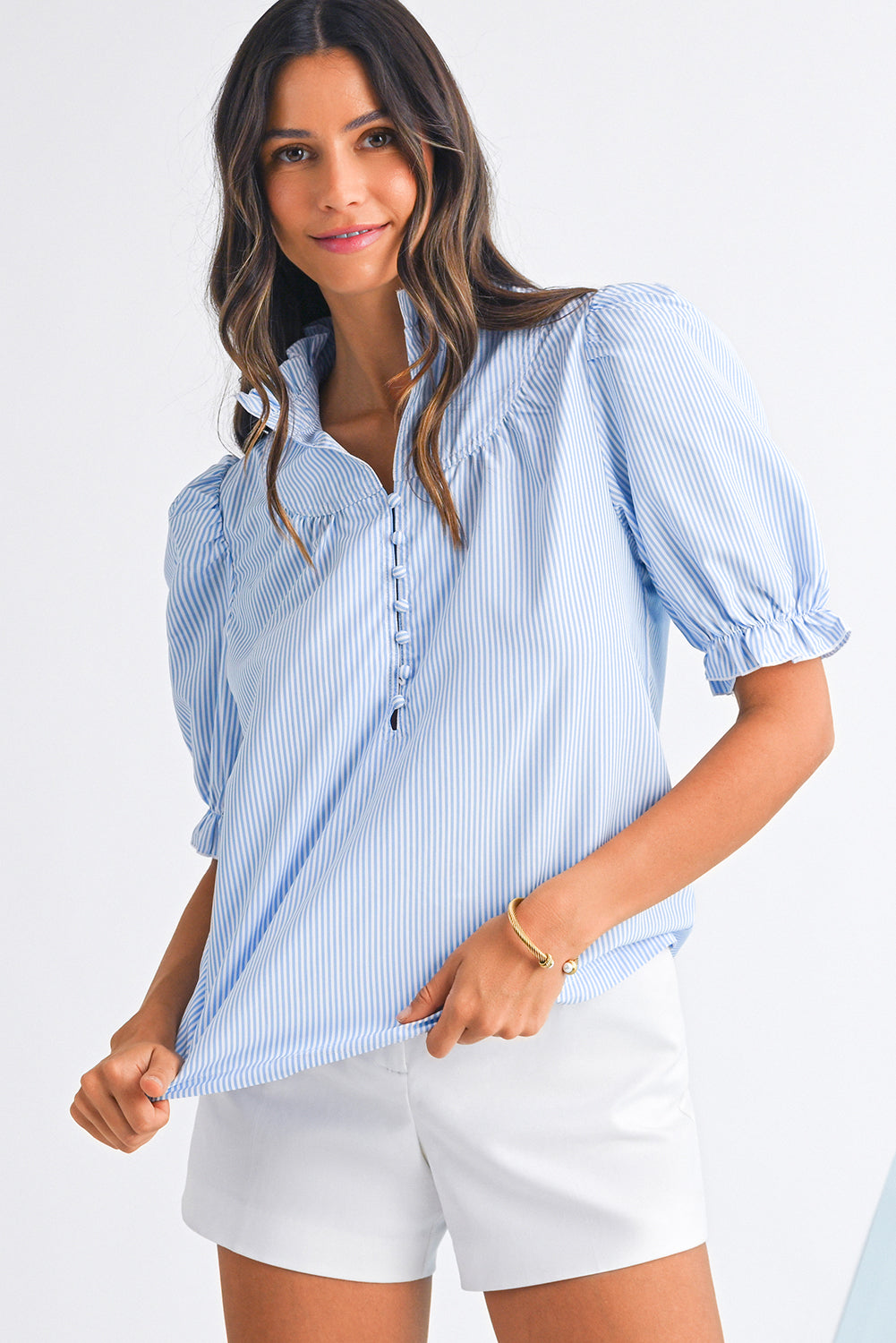 Sky Blue Striped Frill Blouse