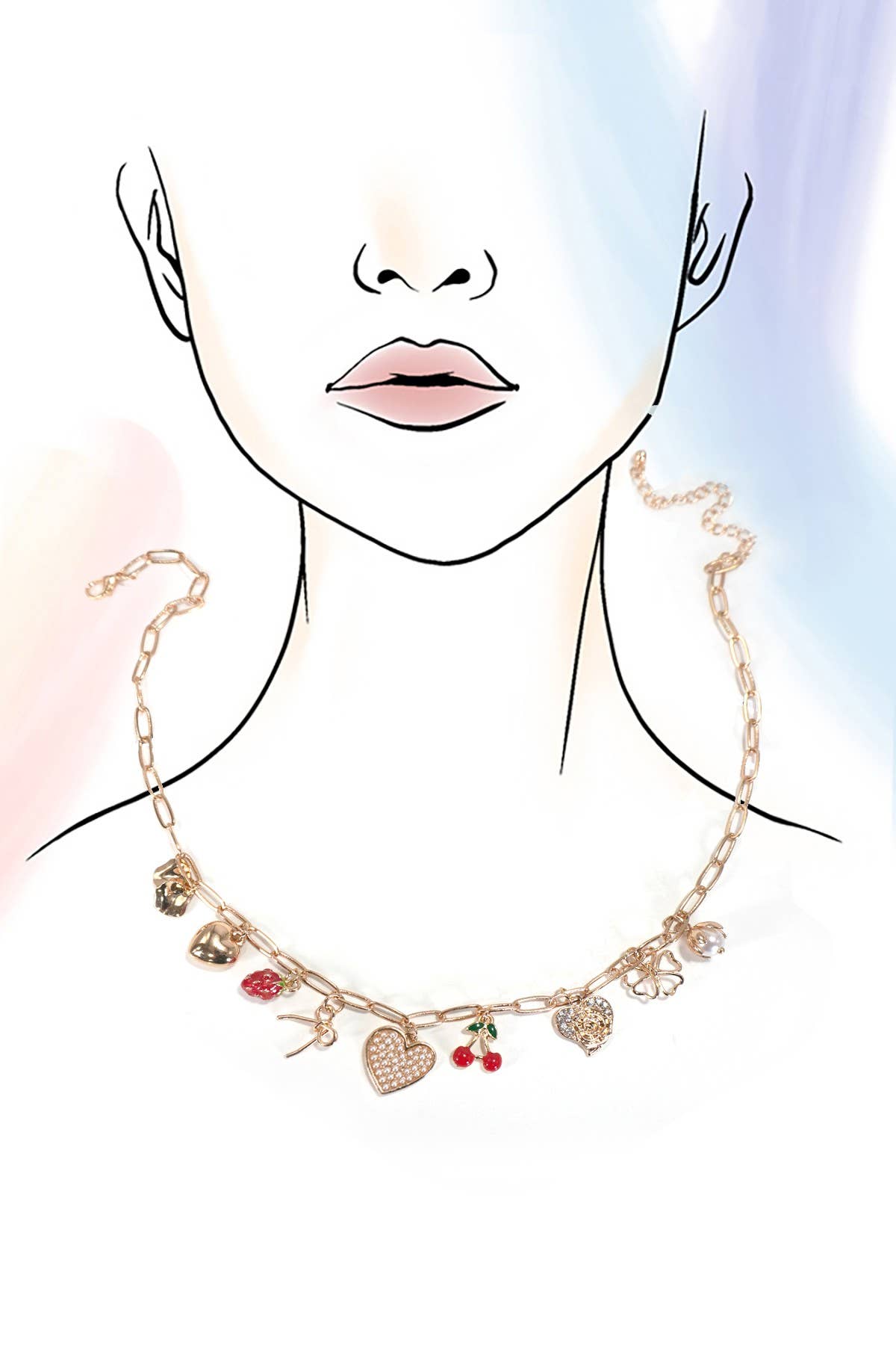 MULTI CHARM BOW CHERRY HEART NECKLACE | 80N1190: Gold