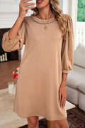 Light French Beige Twist Braided Embellished Puff Sleeve Dress